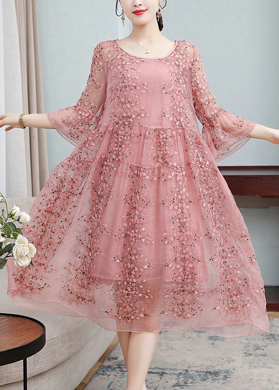 Loose Pink Embroideried Ruffled Lace Up Silk Dresses Flare Sleeve - Image 2