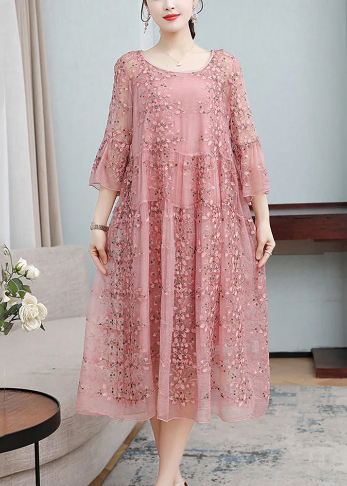 Loose Pink Embroideried Ruffled Lace Up Silk Dresses Flare Sleeve - Image 3