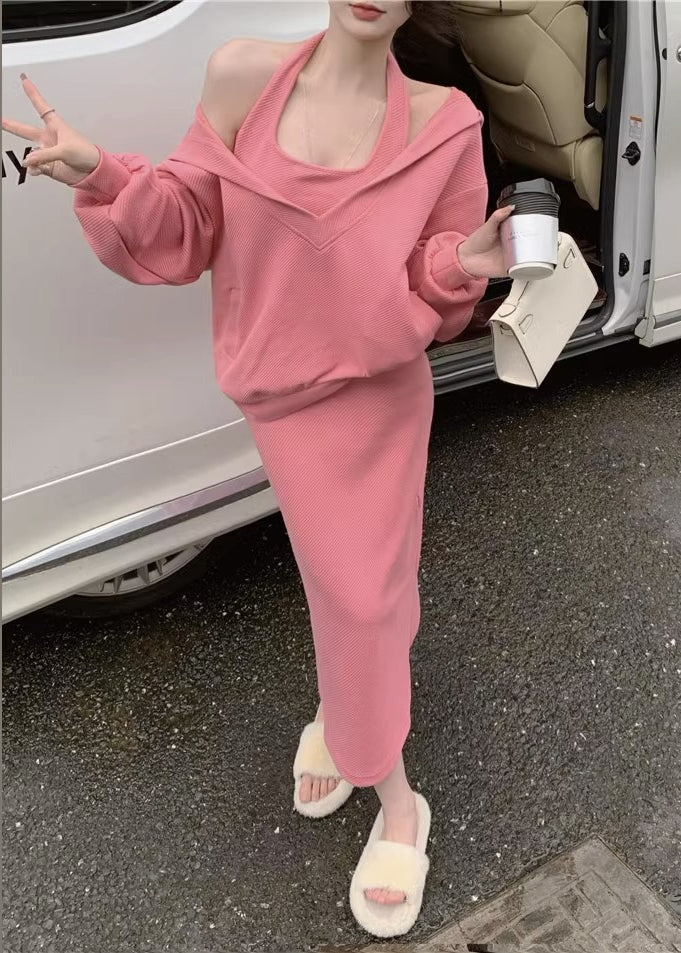 Loose Pink Hooded Pockets Tops And Dress Cotton Two Pieces Set Spring - Image 3