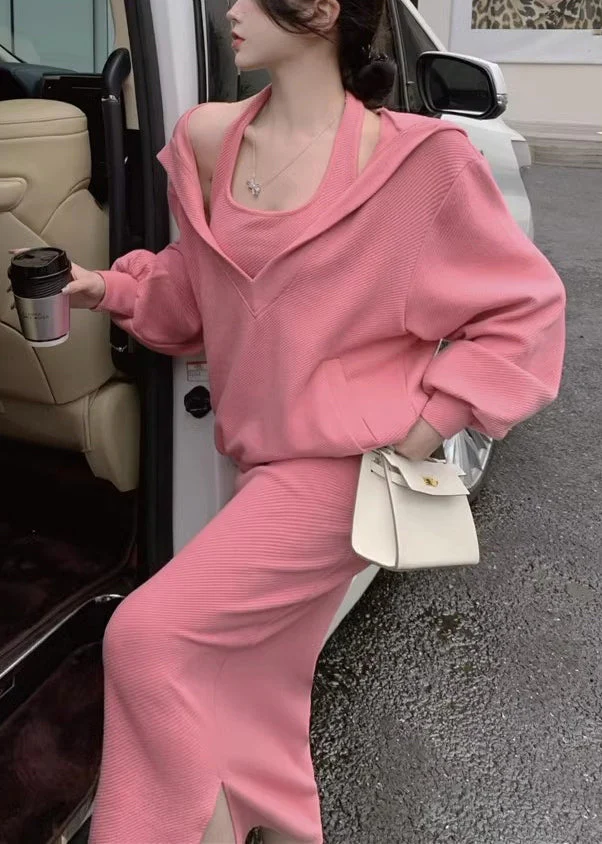 Loose Pink Hooded Pockets Tops And Dress Cotton Two Pieces Set Spring - Image 4