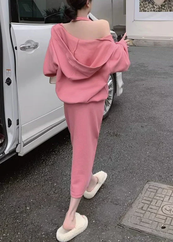 Loose Pink Hooded Pockets Tops And Dress Cotton Two Pieces Set Spring - Image 5