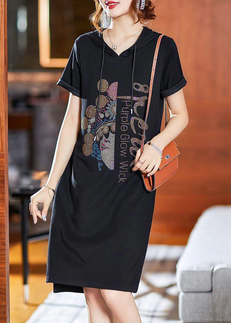 Loose Pink Hooded Zircon Patchwork Cotton Dresses Summer - Image 3