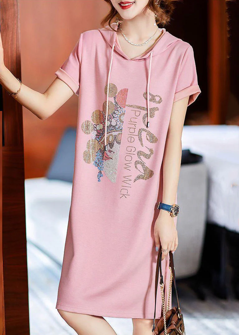 Loose Pink Hooded Zircon Patchwork Cotton Dresses Summer - Image 4