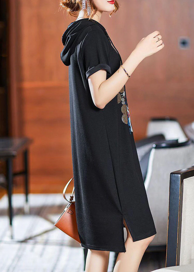 Loose Pink Hooded Zircon Patchwork Cotton Dresses Summer - Image 5