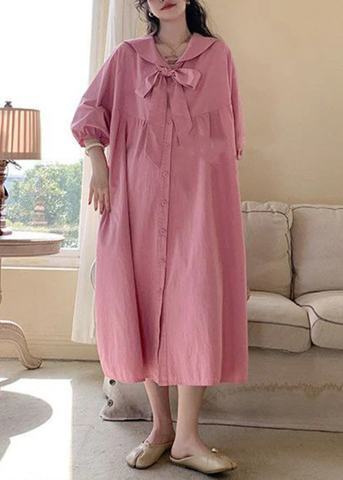 Loose Pink Lace Up Button Cotton Blouses Dress Long Sleeve - Image 3