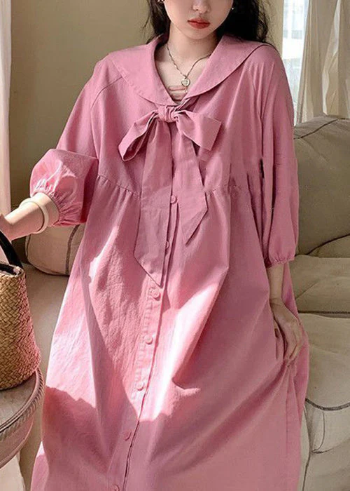 Loose Pink Lace Up Button Cotton Blouses Dress Long Sleeve - Image 4