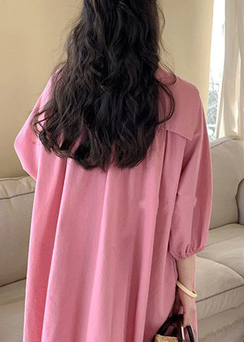 Loose Pink Lace Up Button Cotton Blouses Dress Long Sleeve - Image 5