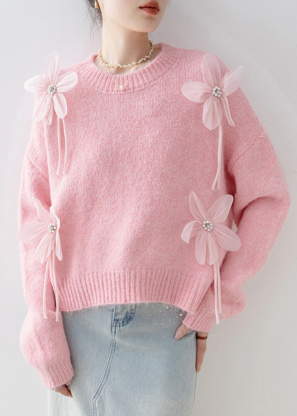 Loose Pink O Neck Nail Bead Knit Sweaters Spring - Image 2