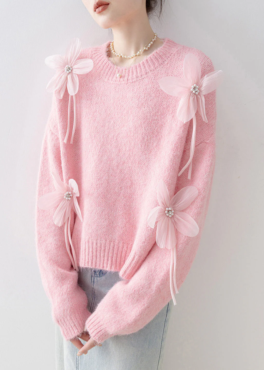 Loose Pink O Neck Nail Bead Knit Sweaters Spring - Image 3