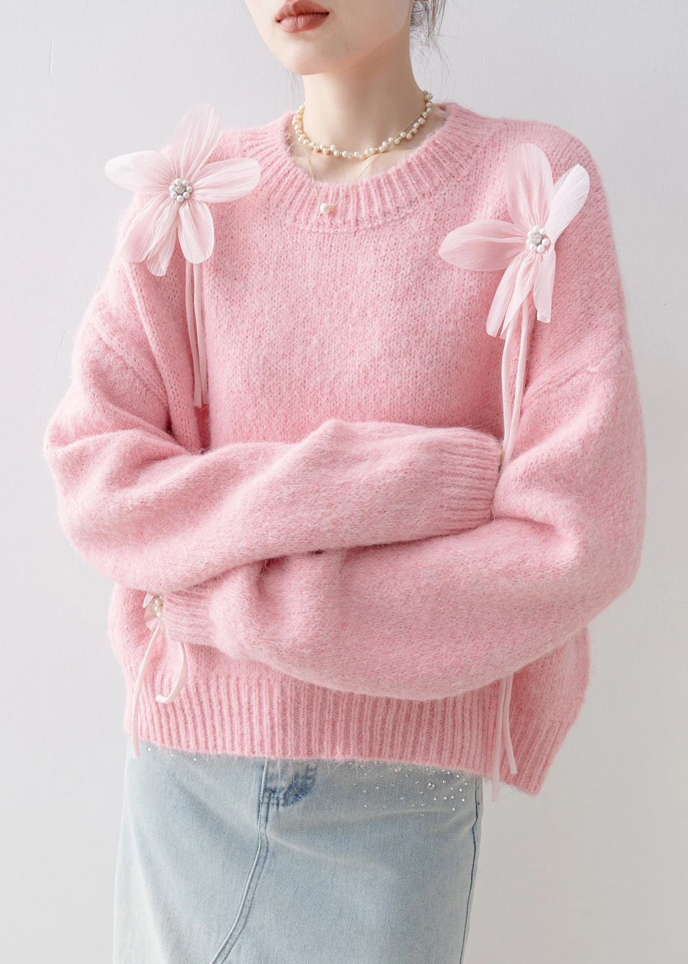 Loose Pink O Neck Nail Bead Knit Sweaters Spring - Image 4