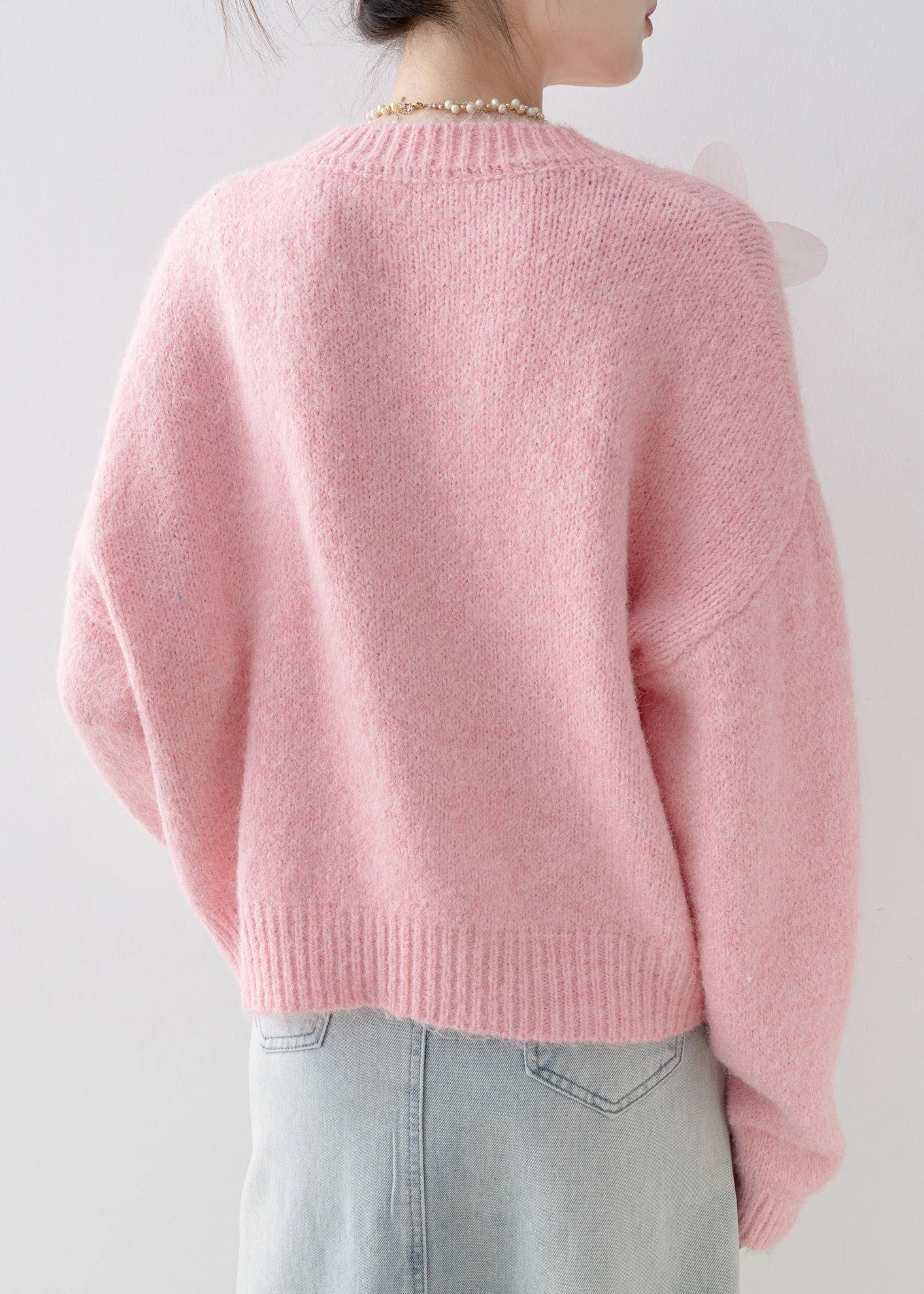 Loose Pink O Neck Nail Bead Knit Sweaters Spring - Image 5