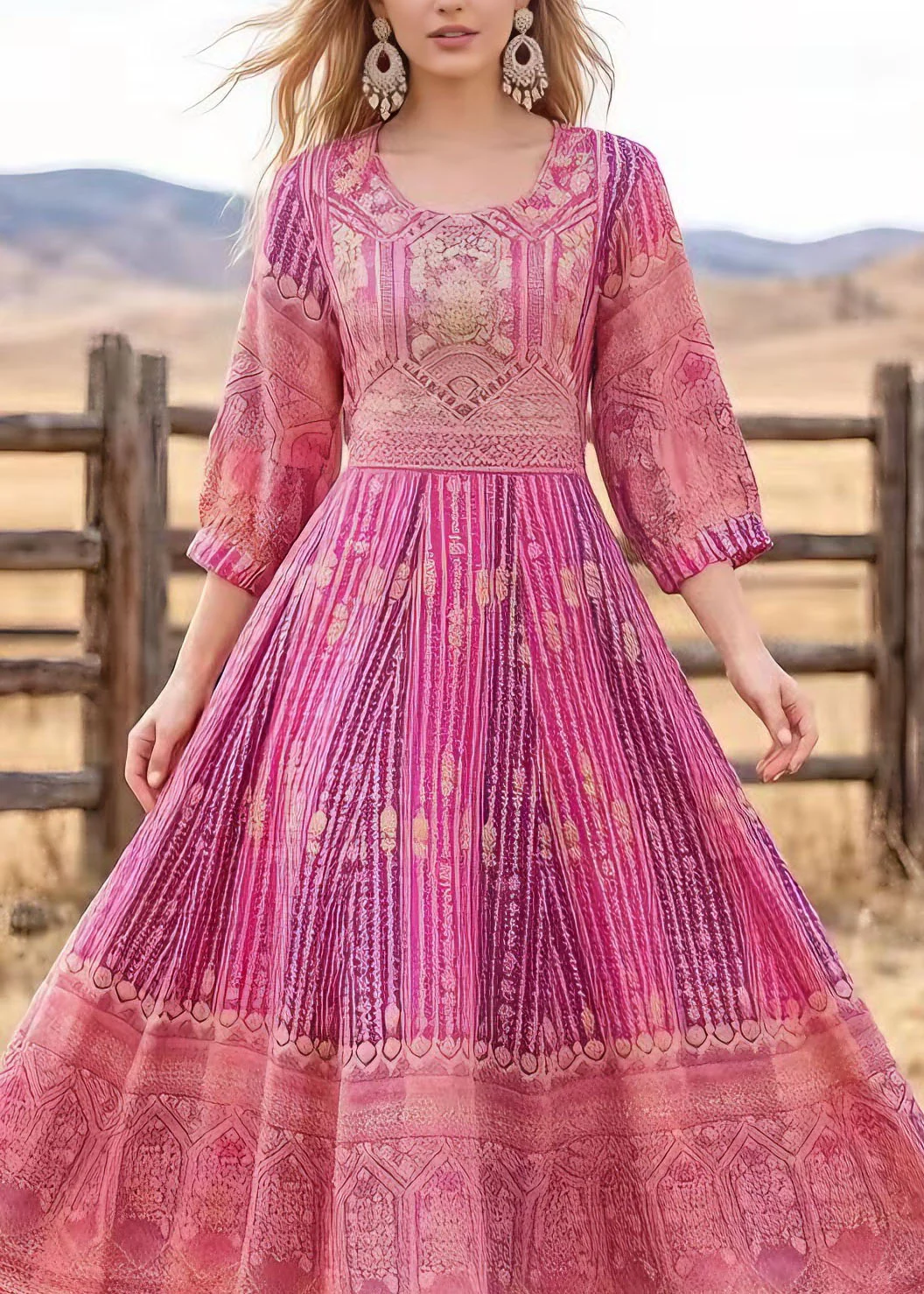 Loose Pink O Neck Print Cotton Maxi Dresses Summer - Image 2