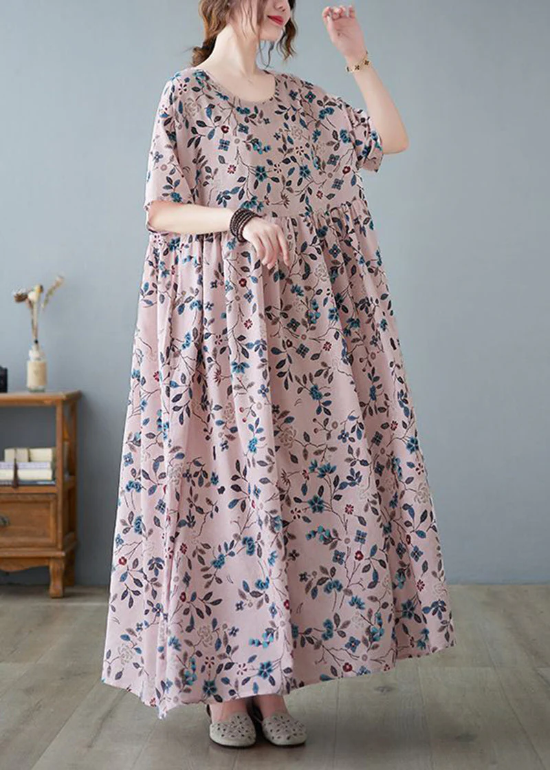 Loose Pink O-Neck Print Exra Large Hem Cotton Dress Summer - Image 2