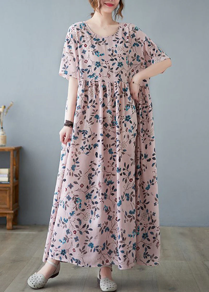 Loose Pink O-Neck Print Exra Large Hem Cotton Dress Summer - Image 3