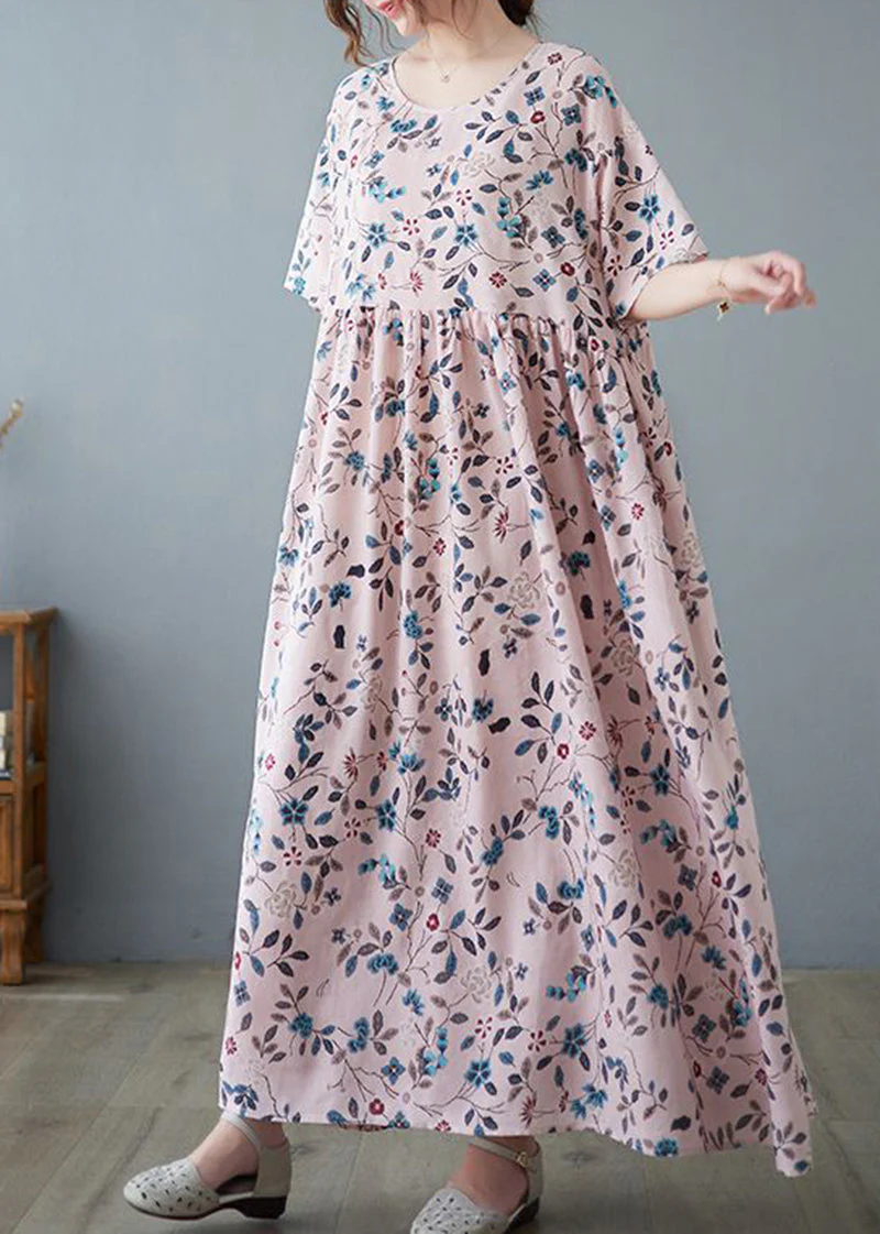Loose Pink O-Neck Print Exra Large Hem Cotton Dress Summer - Image 4