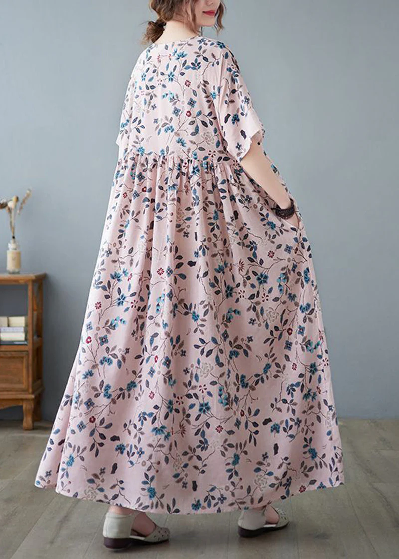 Loose Pink O-Neck Print Exra Large Hem Cotton Dress Summer - Image 5