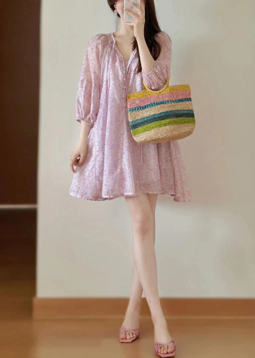 Loose Pink Print Lace Up Cotton Shirts Dress Fall - Image 3