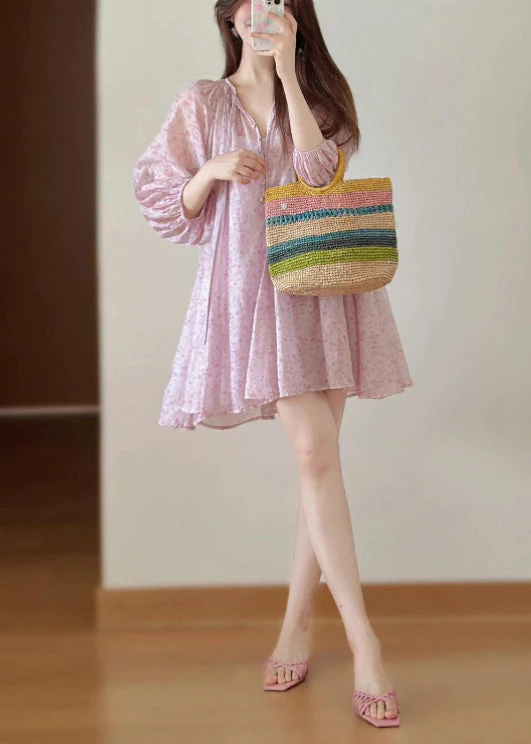 Loose Pink Print Lace Up Cotton Shirts Dress Fall - Image 4