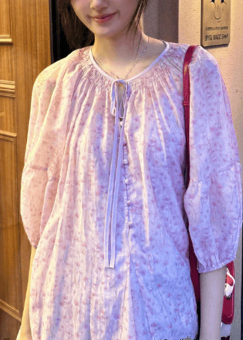 Loose Pink Print Lace Up Cotton Shirts Dress Fall - Image 5