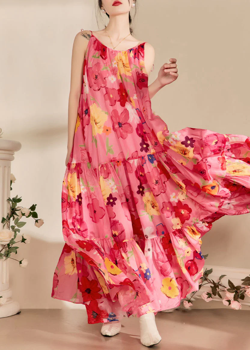 Loose Pink Print Wrinkled Cotton Spaghetti Strap Dress Sleeveless - Image 2