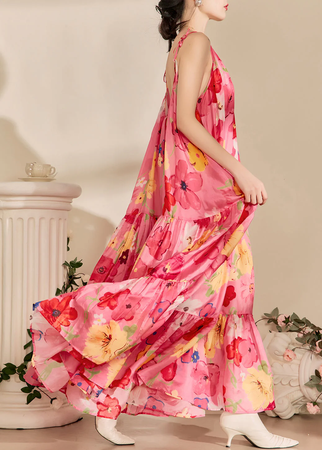 Loose Pink Print Wrinkled Cotton Spaghetti Strap Dress Sleeveless - Image 5