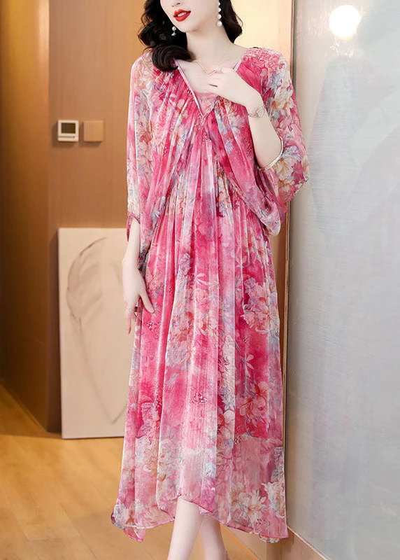 Loose Pink Print Wrinkled Silk Maxi Dresses Flare Sleeve - Image 2