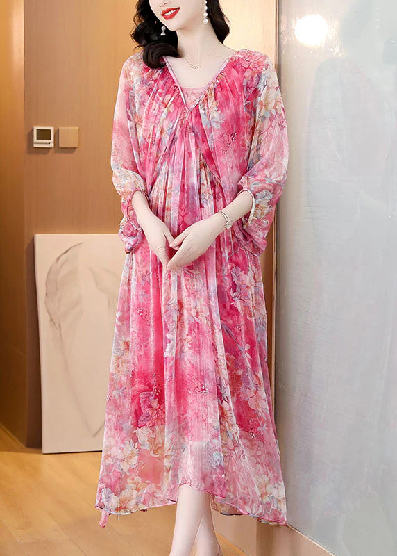 Loose Pink Print Wrinkled Silk Maxi Dresses Flare Sleeve - Image 3