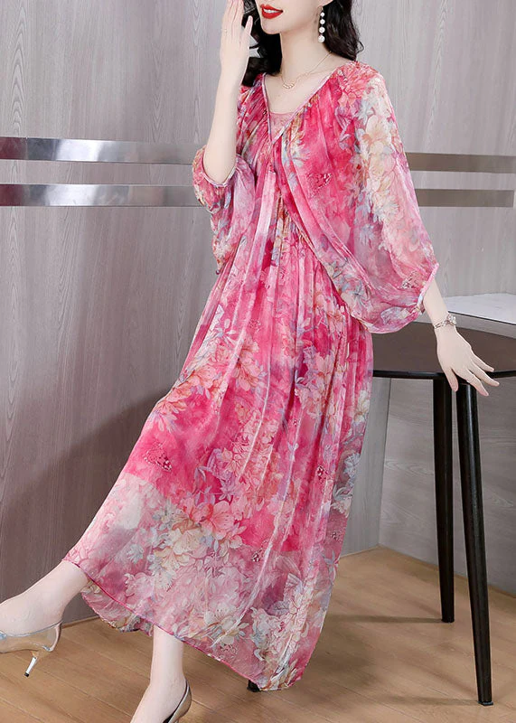 Loose Pink Print Wrinkled Silk Maxi Dresses Flare Sleeve - Image 4