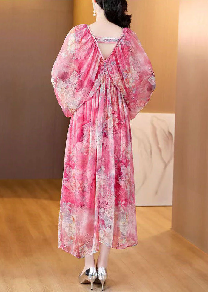 Loose Pink Print Wrinkled Silk Maxi Dresses Flare Sleeve - Image 5