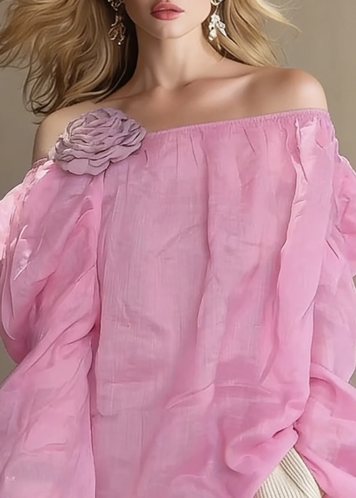 Loose Pink Slash Neck Floral Solid Cotton Blouses Spring - Image 3