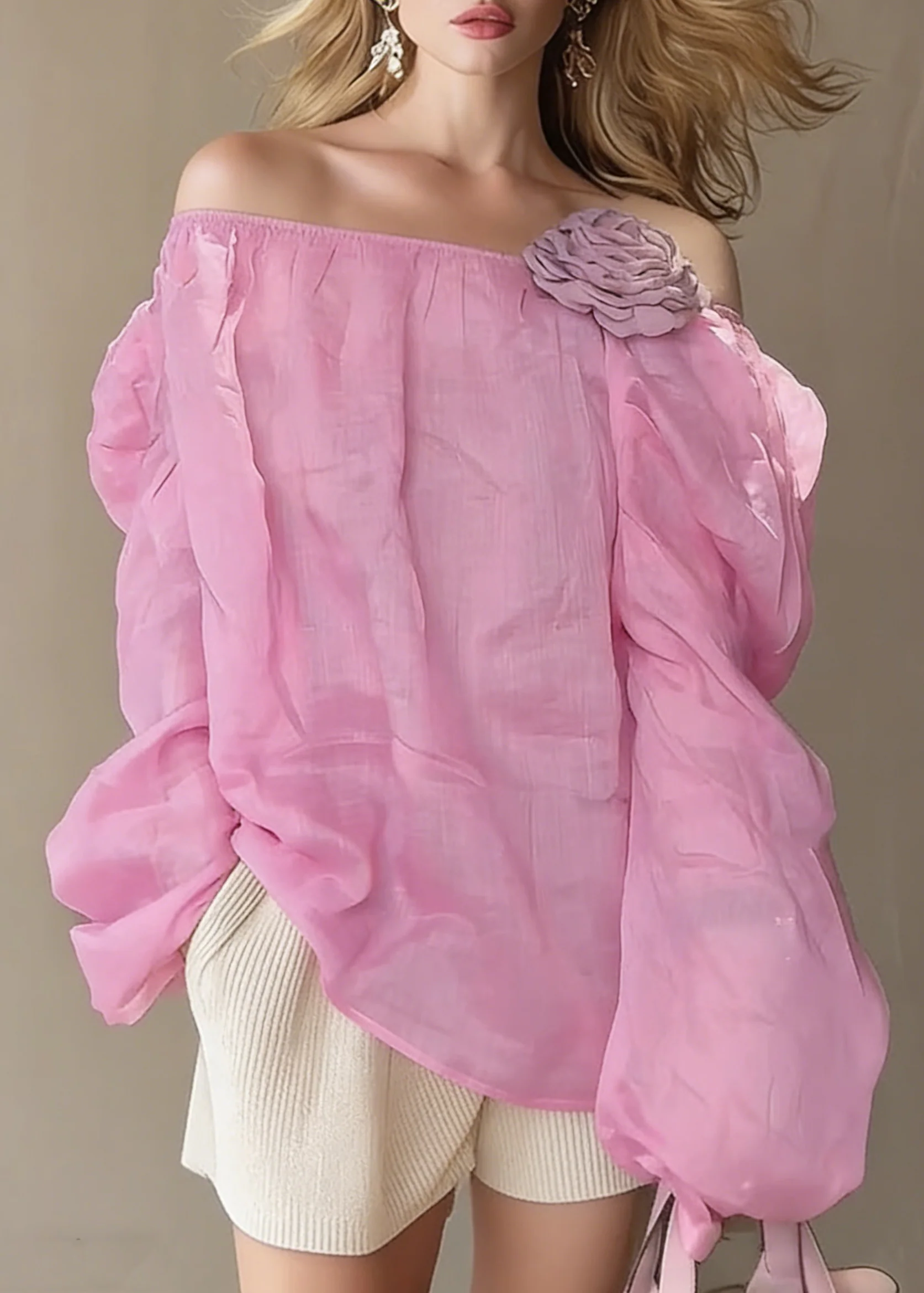 Loose Pink Slash Neck Floral Solid Cotton Blouses Spring - Image 4