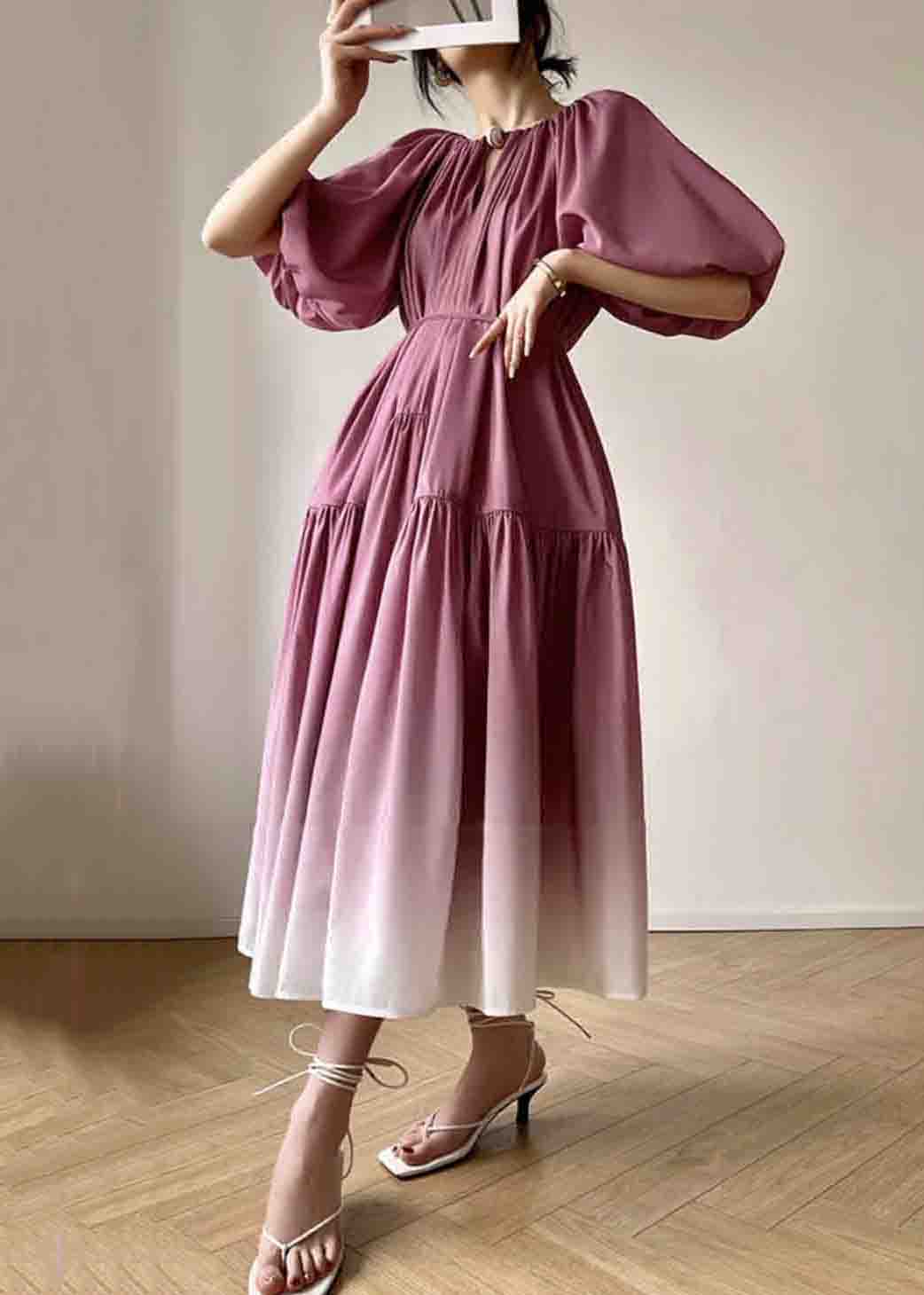 Loose Pink Tie Waist Wrinkled Patchwork Cotton Dresses Lantern Sleeve - Image 2