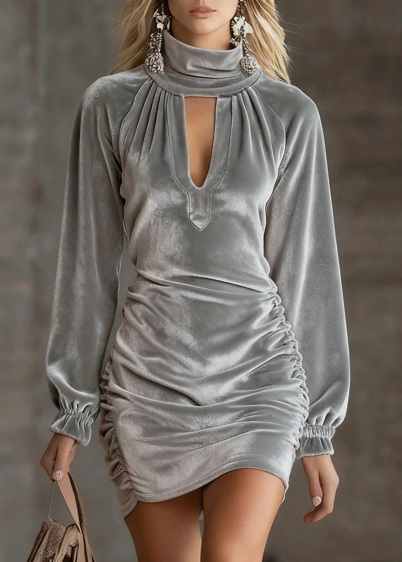 Loose Pink Turtleneck Wrinkled Hollow Out Silk Velvet Mid Dress Spring - Image 4