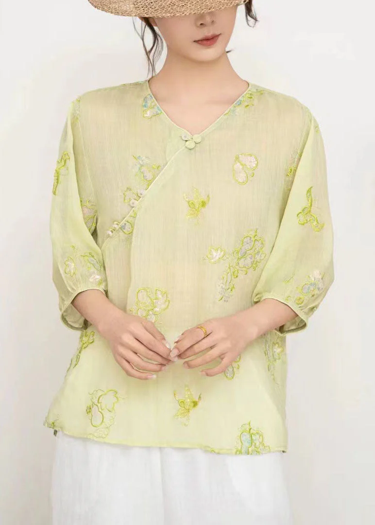 Loose Pink V Neck Embroidered Linen T Shirts Summer - Image 2