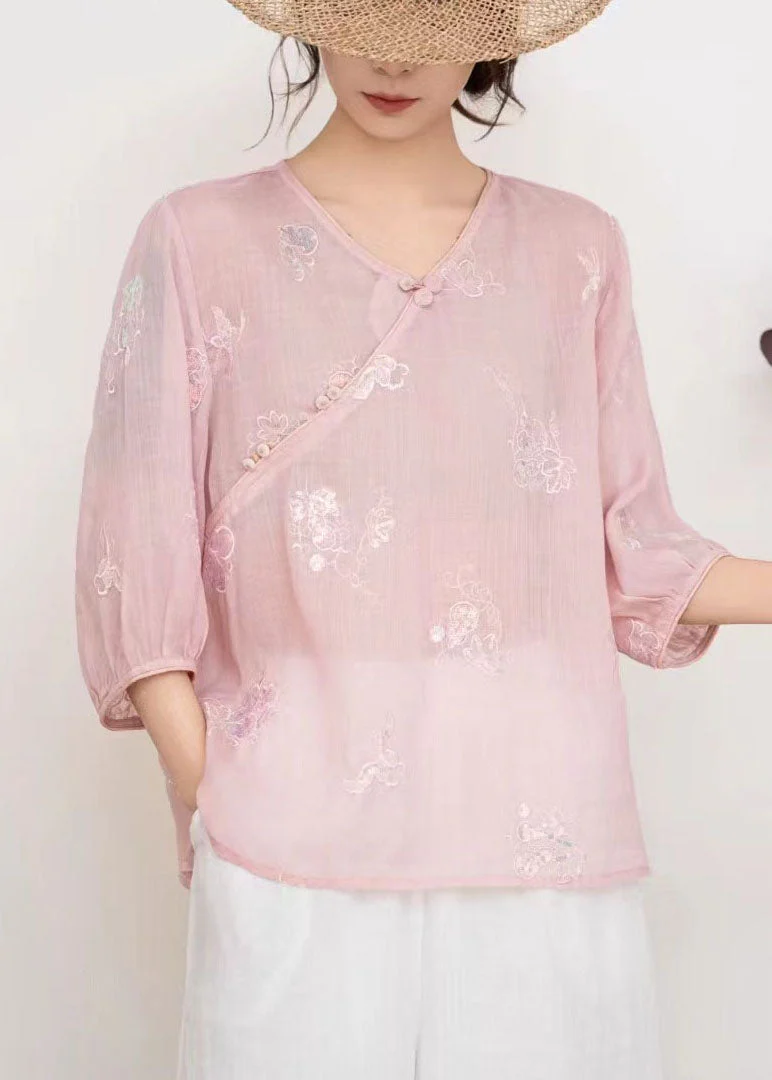 Loose Pink V Neck Embroidered Linen T Shirts Summer - Image 3