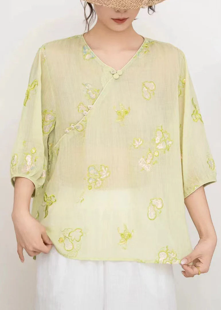 Loose Pink V Neck Embroidered Linen T Shirts Summer - Image 4