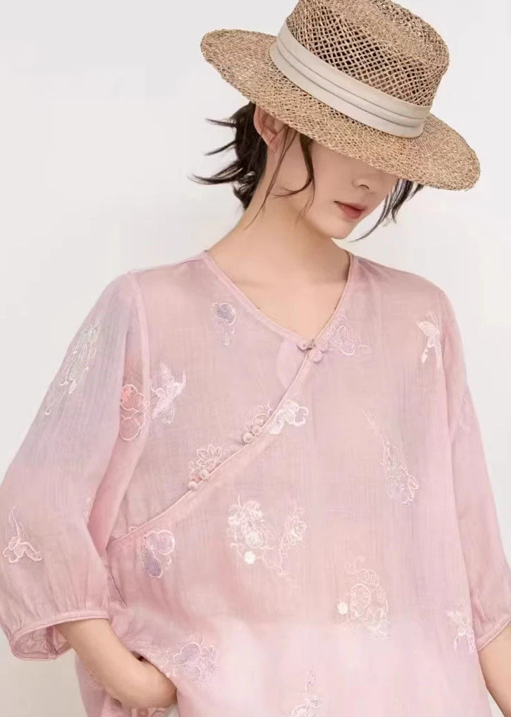 Loose Pink V Neck Embroidered Linen T Shirts Summer - Image 5