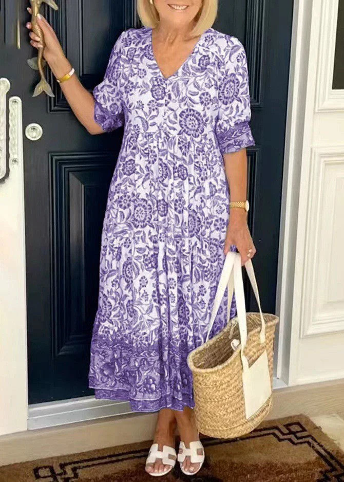 Loose Pink V Neck Print Cotton Long Dress Summer - Image 3