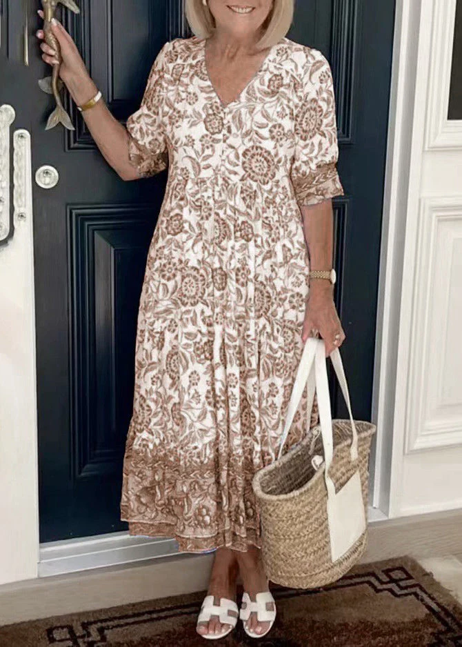 Loose Pink V Neck Print Cotton Long Dress Summer - Image 4