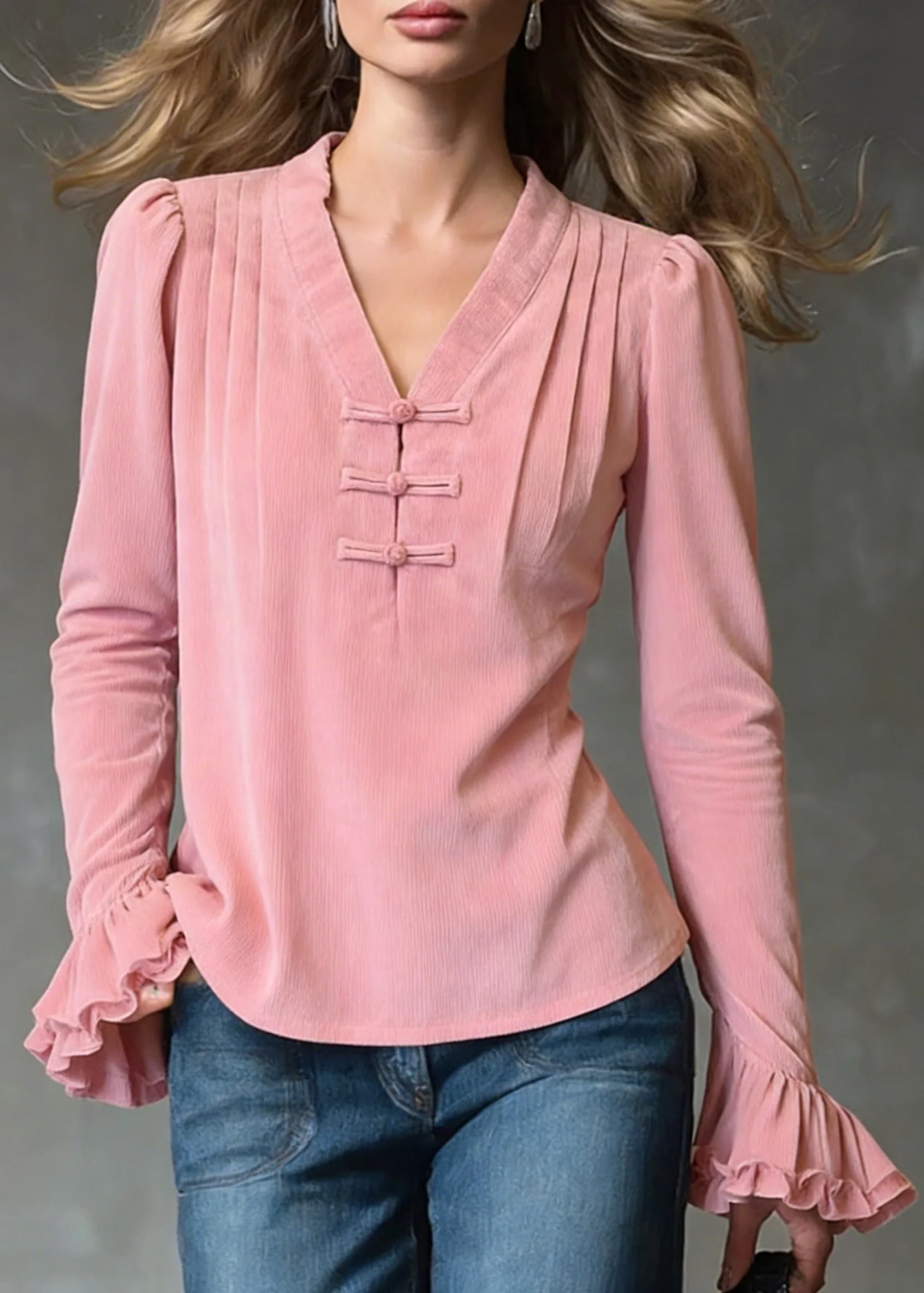Loose Pink V Neck Ruffled Corduroy Shirts Flare Sleeve - Image 3