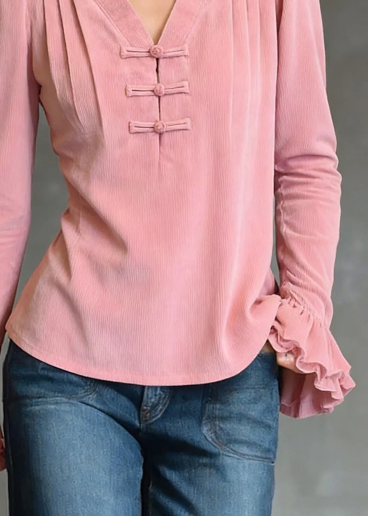 Loose Pink V Neck Ruffled Corduroy Shirts Flare Sleeve - Image 4