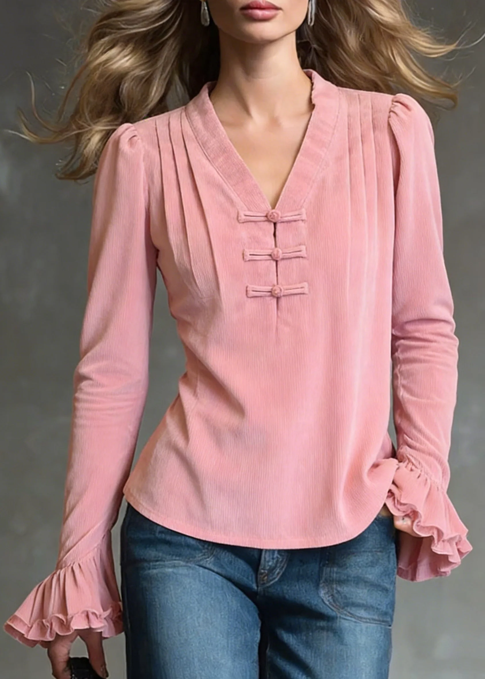 Loose Pink V Neck Ruffled Corduroy Shirts Flare Sleeve - Image 5