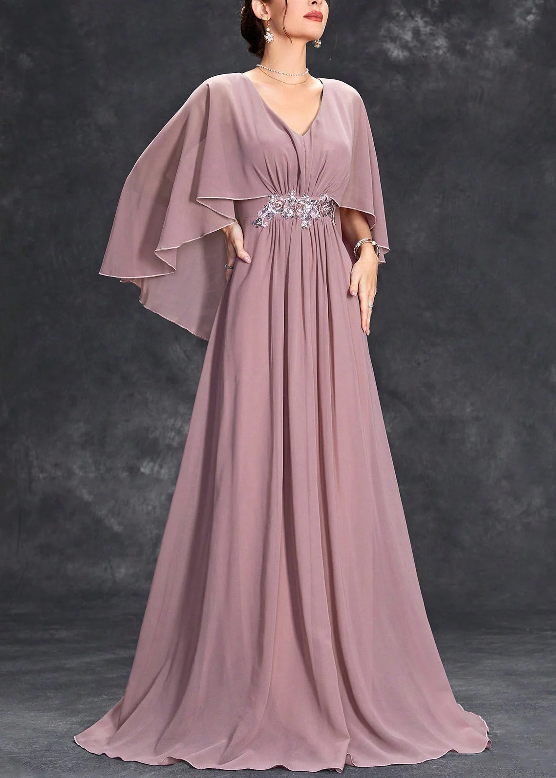 Loose Pink V Neck Sequins Chiffon Maxi Dresses Half Sleeve - Image 2