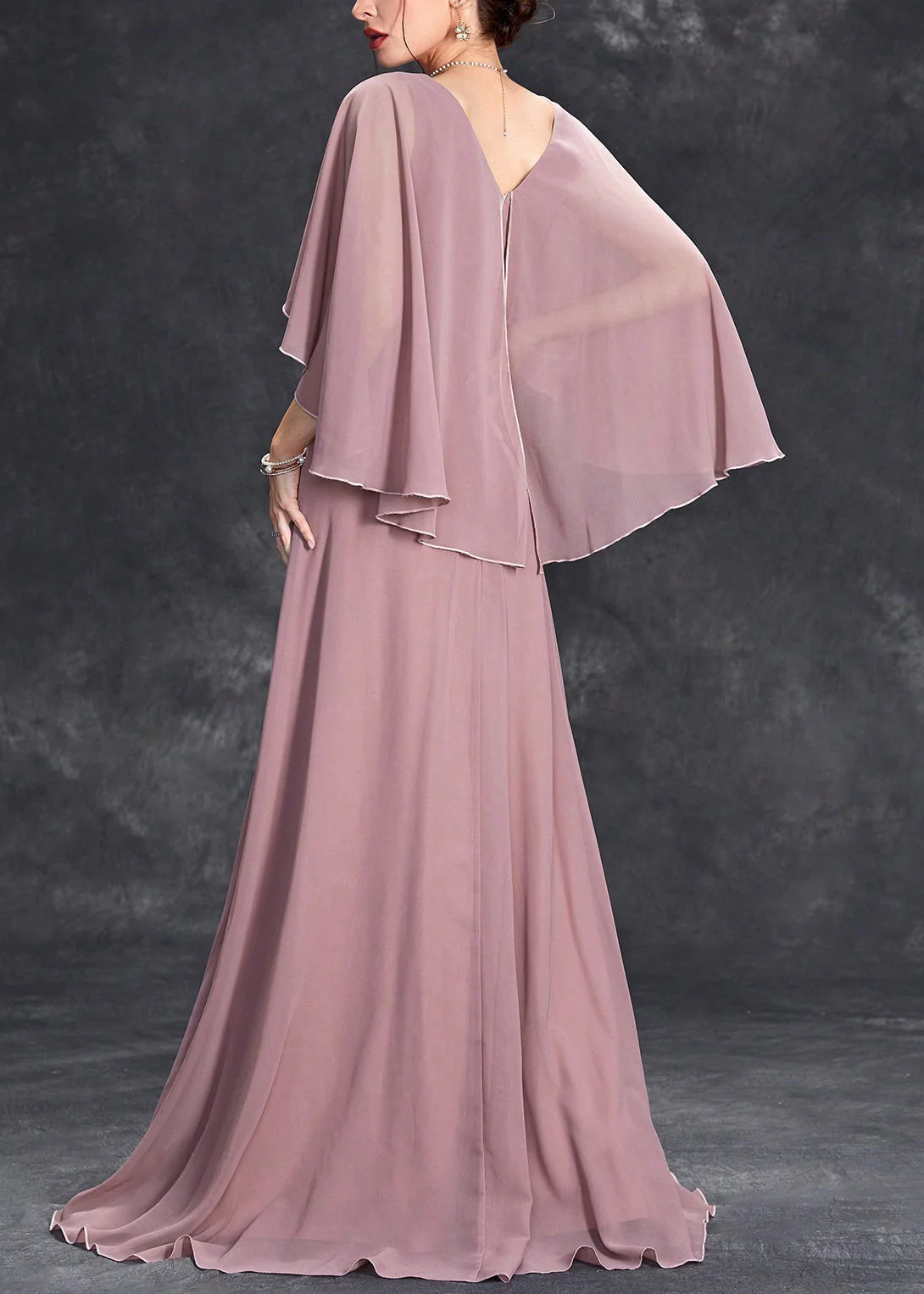 Loose Pink V Neck Sequins Chiffon Maxi Dresses Half Sleeve - Image 4