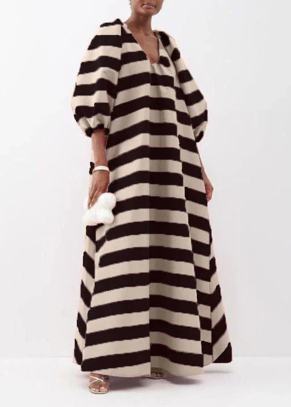 Loose Pink V Neck Striped Puff Sleeve Cotton Ankle Dress - Image 2