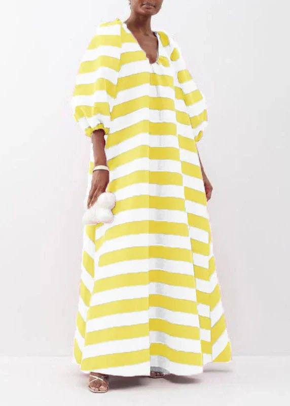 Loose Pink V Neck Striped Puff Sleeve Cotton Ankle Dress - Image 3