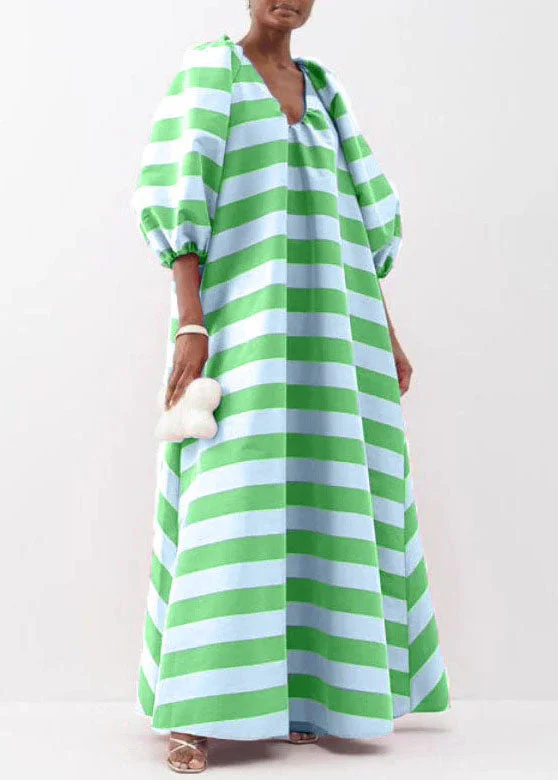 Loose Pink V Neck Striped Puff Sleeve Cotton Ankle Dress - Image 4