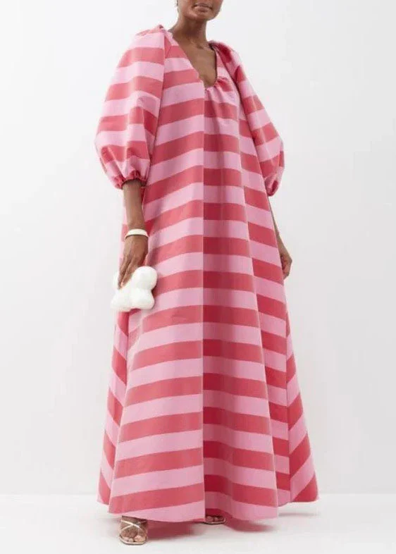 Loose Pink V Neck Striped Puff Sleeve Cotton Ankle Dress - Image 5