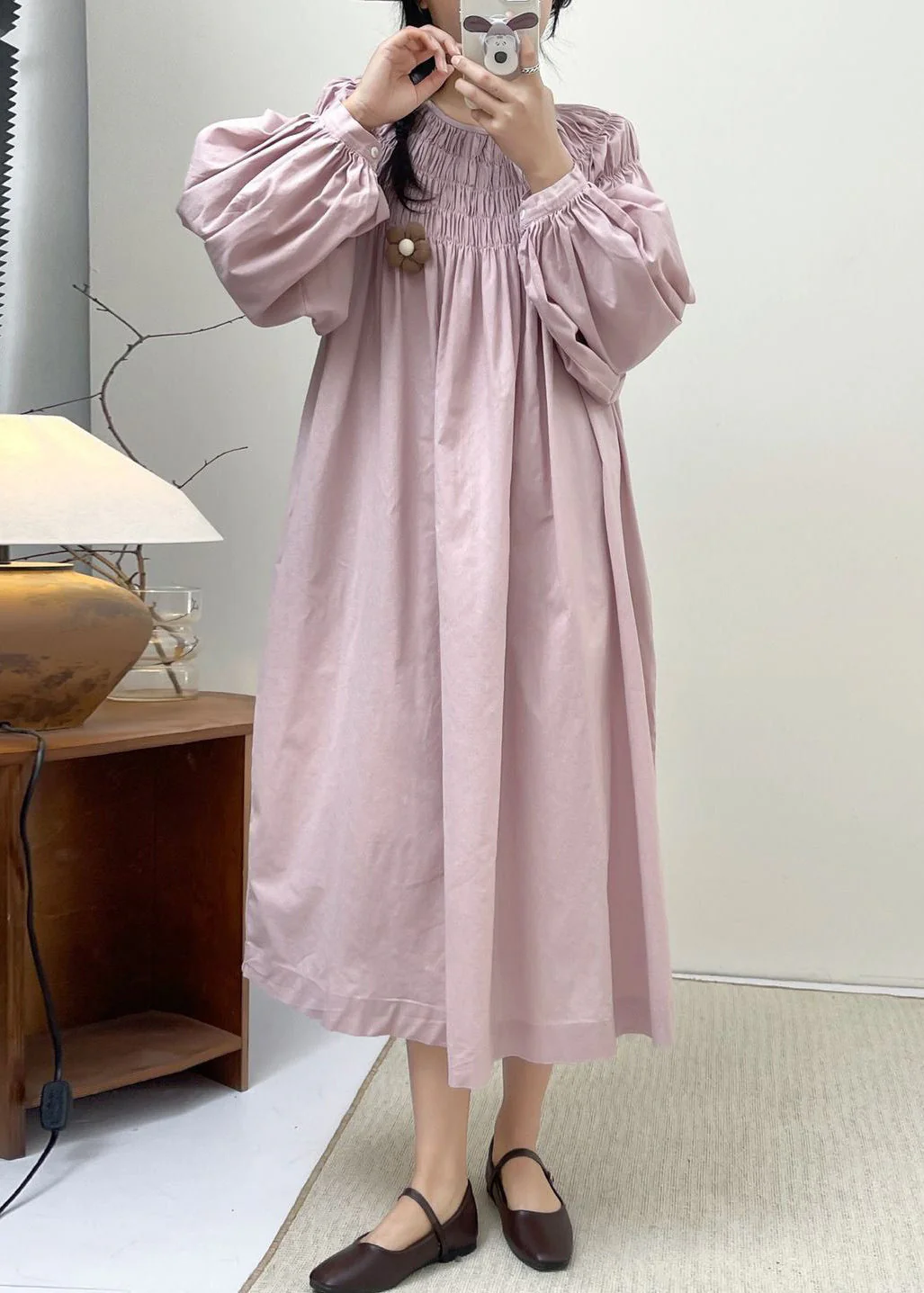 Loose Pink Wrinkled Pockets Cotton Dress Spring - Image 3
