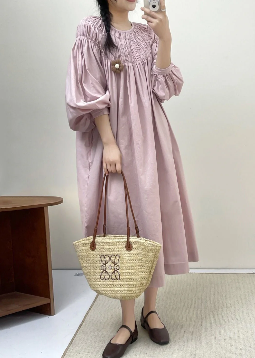 Loose Pink Wrinkled Pockets Cotton Dress Spring - Image 4